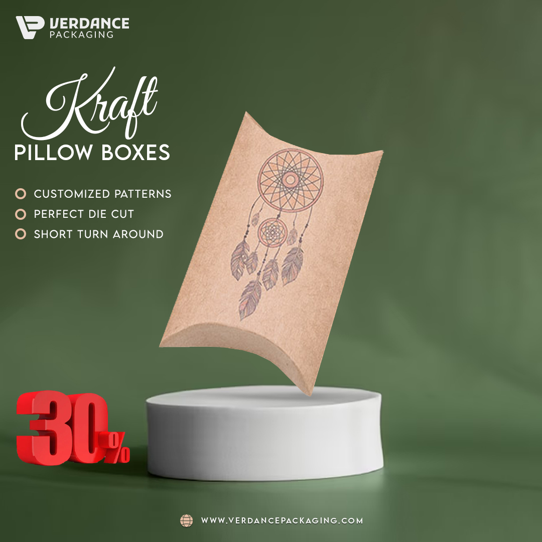 Custom Pillow Boxes at Eco Friendly Kraft Packaging Stock, Manufactured by Verdance Packaging.